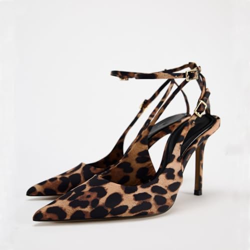 Women's Leopard Slingback Pumps Closed Pointy Toe High Heels for Women Animal Print Stiletto Ankle Strap Heeled Sandals Backless Slip On Fashion Pumps Wedding Dress Party Shoe2