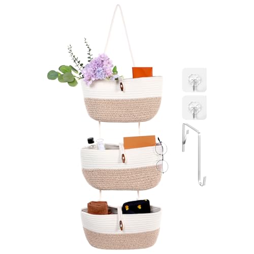 AojSup 3-Tier Over The Door Basket Organizer, Hanging Door Basket with 2 Hooks and 1 Door-Hook, Cotton Rope Wall-Mounted Storage for Nursery, Bathroom, Living Room - 43.3