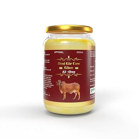 AROGYAM Desi Gir Cow Ghee Pure & Natural Hand Made by Traditional Bilona Method, Grassfed, Cultured, Premium & Organic A2 Ghee, with Rich Taste & Aroma 100% Desi Cow Ghee With Glass Jar - 1L