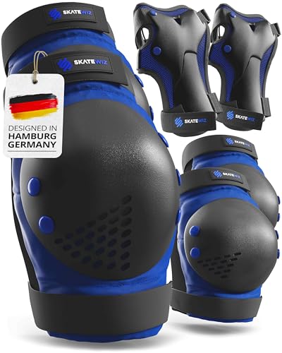 Image of SKATEWIZ Kids Knee Pads and Elbow Pads Set - Wrist Guards for Skateboarding - Smash - Size M /L Blue Black - Skating Protective Gear, Roller Skates, Skateboard - Ice Skating Kids