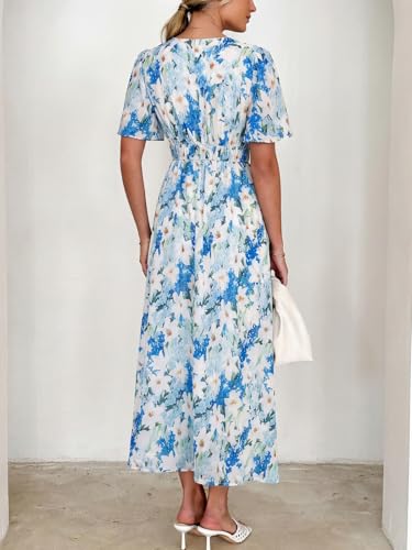Image of Flessibili Womens Short Sleeve Floral Maxi Dresses 2026 Spring Wedding Guest Party Summer Dress Blue White Lily X-Large