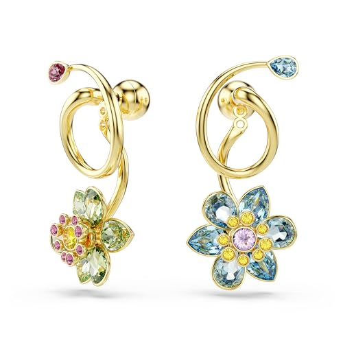 Swarovski Idyllia drop earrings, Asymmetrical design, Mixed cuts, Flower, Multicolored, Gold-tone finish