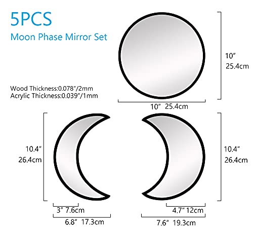 G.dori Acrylic Moon Phase Mirror Set (5 Pcs), Scandinavian Natural Moonphase Decor Bohemian Moon Mirror, Wall Decor For Living Room Bedroom, Punchless -Not Actual Mirror- Black #TOP2