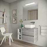 yellowshop. - mobile bagno sospeso 85 cm stile moderno lavabo appoggio specchiera led mod. deco (pino bahia)