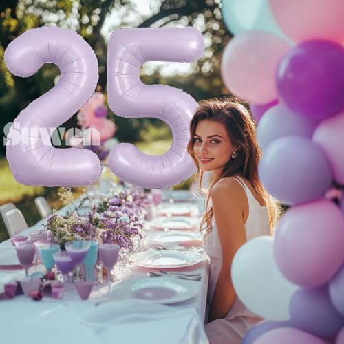 Image of SUWEN 40 Inch Light Purple Lavender Big 25 Balloon Number Foil Helium 0-9 | 25th Large Giant Huge Mylar Jumbo Happy Birthday Party 52 Anniversary Decorations