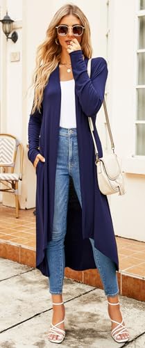 Image of Newchoice Womens Long Cardigan Summer Casual Draped Open Front Lightweight Long Sleeve Cardigan Duster with Pockets