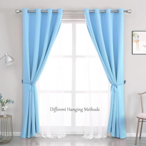 Image of Extra Long Light Blue Blackout Double Layers Curtains Set, Mix & Match Elegance Blue with White Crushed Voile Drapes for Living Room with tie-backs, Nursery, Kids' room, Bedroom, 52'' x108''