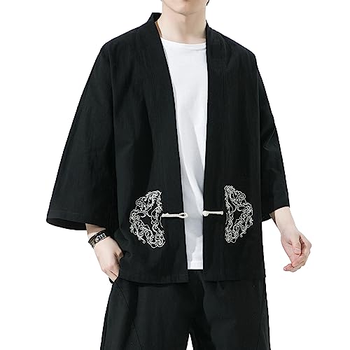 Image of Mens Kimono Cardigan Cotton Linen Japanese Shirt 3 /4 Sleeve Haori Yukata | Skin-Friendly Solid Color Lightweight Shawl Collar Kimono Robe Embroidery Button Tie Pockets Happi Coat All Season Daily Wear