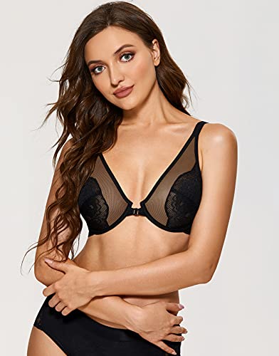 Dobreva Women's Lace Bra Front Closure Bras Plunge Sexy See Through Minimizer Plus Size Underwire Black 38C #TOP3