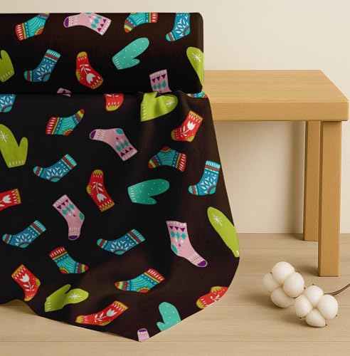 Image of Soimoi Brown Cotton Voile Fabric Socks & Gloves Folk Art Fabric Prints By Meter 42 Inch Wide