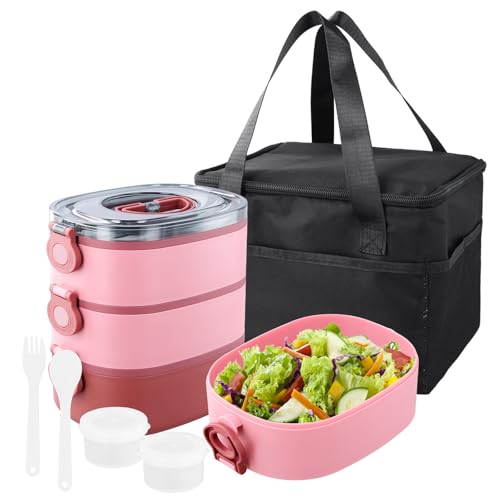 3 en 1 Fiambreras Comida Trabajo, 2800ml Bento Box con Bolsa Térmica Cubiertos, Lunch Box Niños Adultos, Tupper Compartimentos Sin BPA, Tapers Comida Hermetico, Lonchera Microondas Escuela (Rosa)