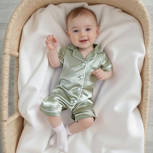 MAINESAKA ​Baby Girl Boy Satin Romper Pajamas Short Sleeve Lapel Button Down Silk Jumpsuit Pjs Infant One Piece Sleepwear2