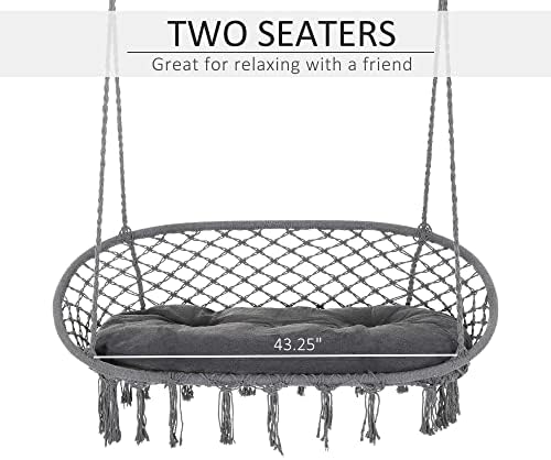Outsunny Hanging Hammock Chair Cotton Rope Porch Swing with Metal Frame and Cushion, Large Macrame Seat for Patio, Garden, Bedroom, Living Room, Dark Grey