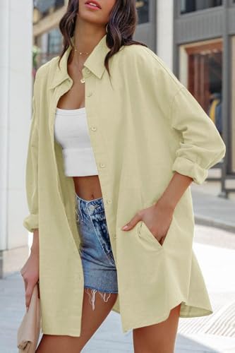 Image of FSHAOES Womens Oversized Button Down Shirts Casual Loose Long Sleeve Solid Lapel Long Blouses Tops with Pockets