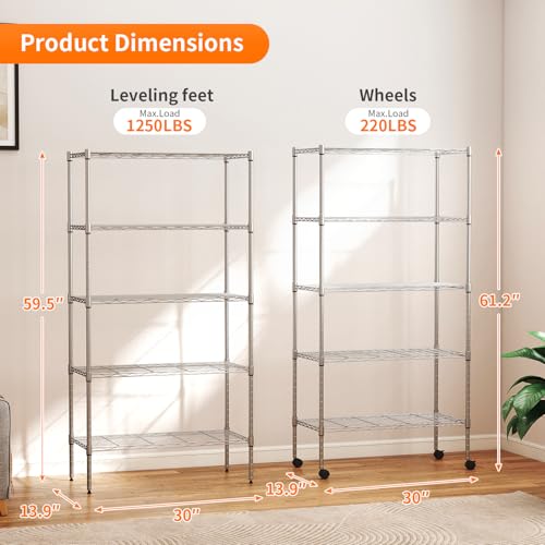 Image of BestOffice | 5-Tier Wire Storage Shelves with Wheels | 14 x 30 x 61 | Chrome | with Adjustable Racks | Heavy-Duty Metal Shelf, Holds Upto 1250 lbs | No-Tool Assembly | Ideal for Home & Garage Shelving