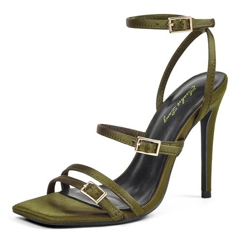 Image of Elisabet Tang 4 inch Stylish Ankle Strap Stiletto Sandals for Women - Sexy Square Open toe Gladiator High Heels for Party Commuting Daily use