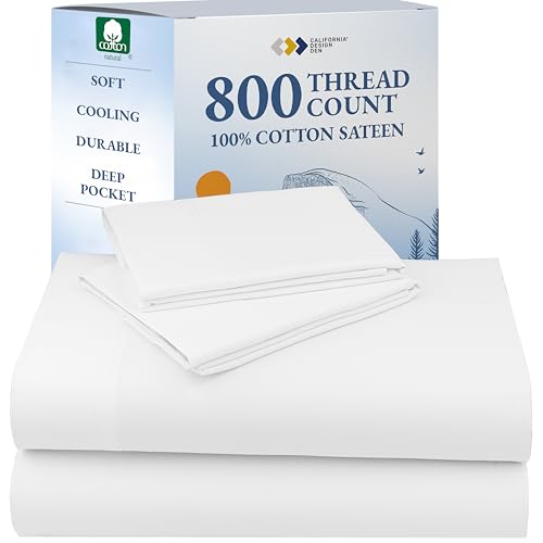 Luxury White California King Size Bed Sheets Set – Buttery Soft 800 Thread Count 100% Cotton Sheets Sateen – Beats Egyptian Claims, Deep Pockets, Durable Bedding Set (White)