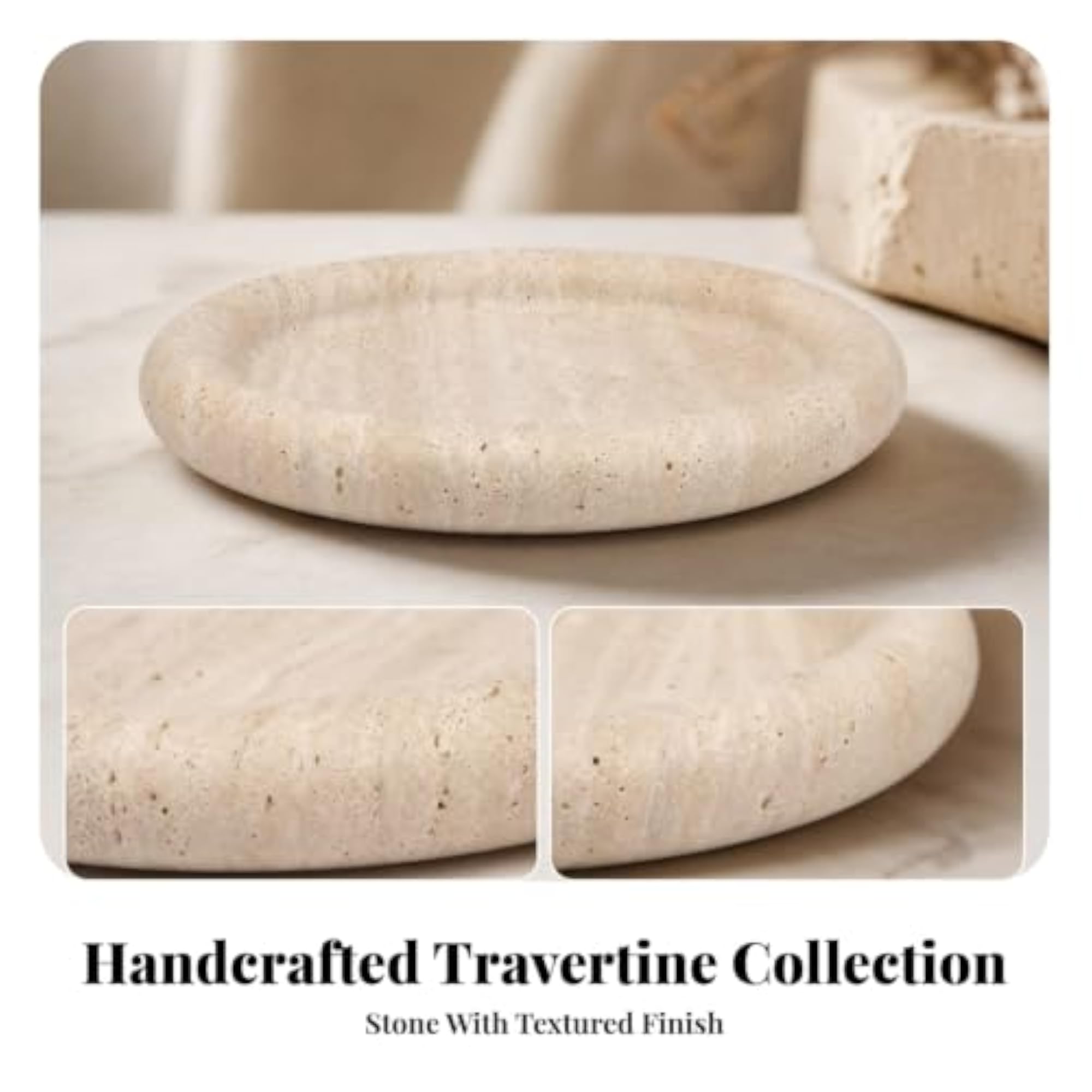 Textured Beige Stone Tray with Raised Rim, Neutral Decor