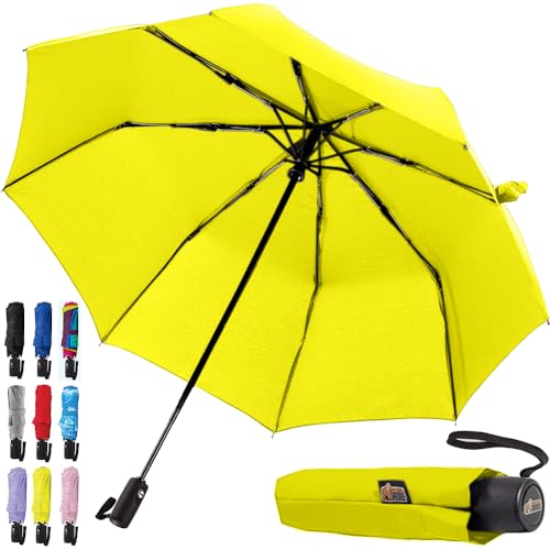 Image of GORILLA GRIP Compact Travel Size Umbrella for Rain, Sleek Design Fits Backpack, Purse and Carry On, Lightweight Under 1lb, One Click Open and Close, Wind Resistant, Durable Waterproof, Yellow