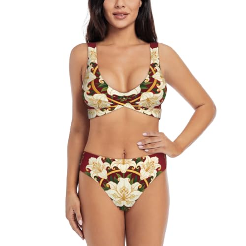 Maillot de bain deux pièces croisé Lily Flower avec coussinets amovibles et triangle réglable