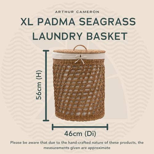 Arthur Cameron - Padma Handwoven Seagrass Laundry Basket with Lid – Stylish Laundry Hamper with Lid and Removable Cotton Liner – Oval Woven Laundry Storage perfect for Bedroom, Bathroom (Extra Large) - Image 4