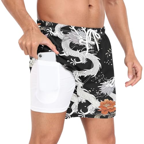 Black Dragons Mens Swim Trunks with Compression Liner 4.7" Inseam Quick Dry Swimming Shorts#7362