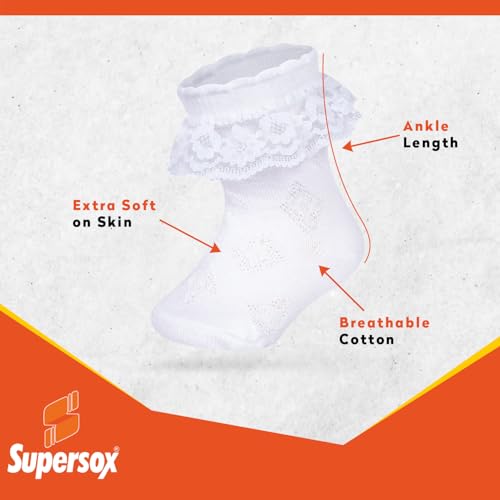 Image of Supersox Frill Ankle Length Socks for Babies | Durable & Breathable Combed Cotton | Extra Soft, Anti-Odor & Moisture Absorbent | Pack of 3