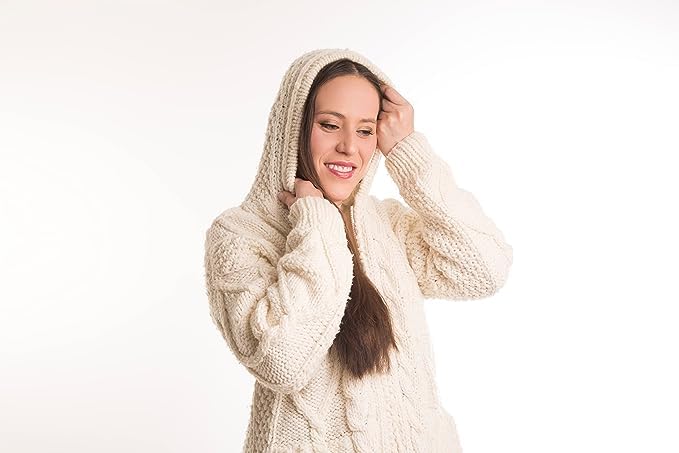 100% Sheep Wool Aran Cable Knit Hooded Zip Cardigan Sweater (Beige, Large)3