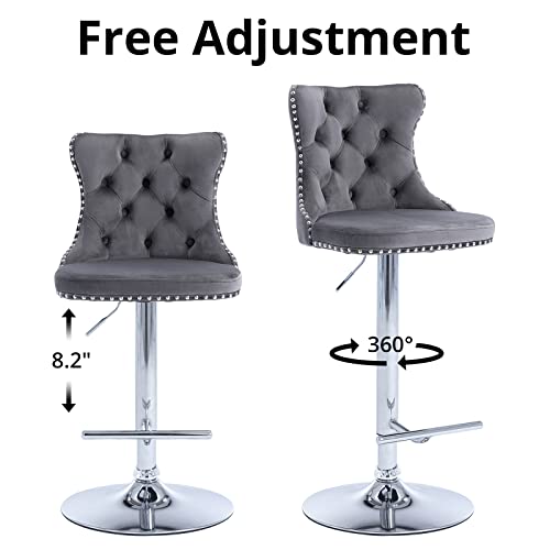 Swivel Bar Stools Set Of 2, Adjustable Counter Height Barstools With Nailheads Trim, Button Tufted Back And Silver Footrest, Velvet Upholstered Bar Chairs For Dining Room Home Bar Kitchen Island, Gray #TOP2