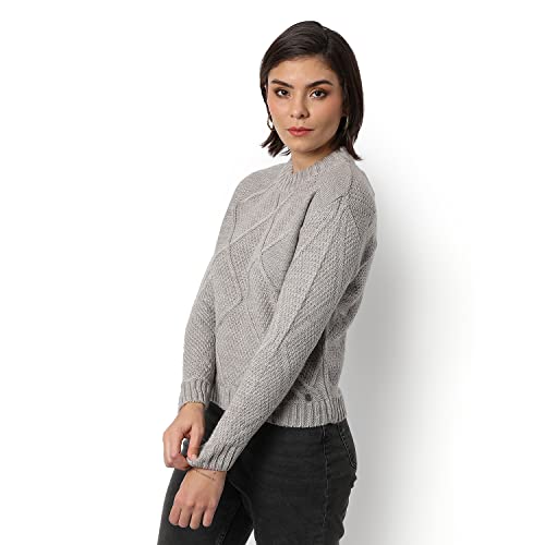 Image of Campus Sutra Women Grey Cable Knit Regular Fit Sweater for Winter Wear | Round Neck | Full Sleeve | Woolen Sweater | Casual Jacket for Woman & Girl | Western Stylish Jacket for Women