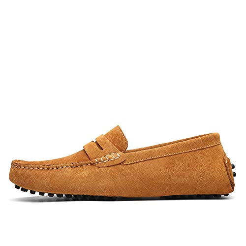 Penny Loafer for Men Square Apron Toe Slip On Driving Shoes Stitching Nubuck Leather Anti Slip Rubber Sole with Grips Solid Color(Brown,10 M US)