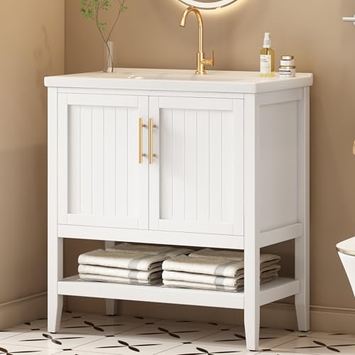 Rosebibi Mueble de baño individual con lavabo de cerámica con armario bajo 80 cm, color blanco