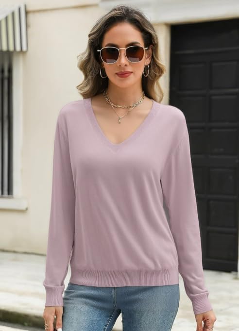 Women's V-Neck Knit Sweater, Long Sleeve, Red, Casual Pullover - Image 2