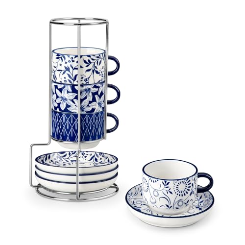 vancasso SELENE - Juego de Tazas de Café y Desayuno con Plato y Soportes - 4 x 150 ml - Tazas de Porcelana Para Té, Capuchino, Leche, Avena, Apto Lavavajillas y Microondas - Vintage en Azul y Blanco