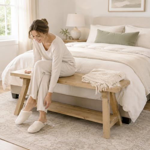 Image of Solid Wood Entryway Bench 43'' Farmhouse with Bottom Storage Shelf