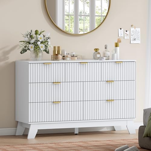 Image of Wodeer 7 Drawer Fluted Dresser for Bedroom, Mid Century Modern Dresser with 7 Drawers, Dressers & Chests of Drawers with Metal Handle, TV Stand & Storage Organizer for Entryway, Hallway, White