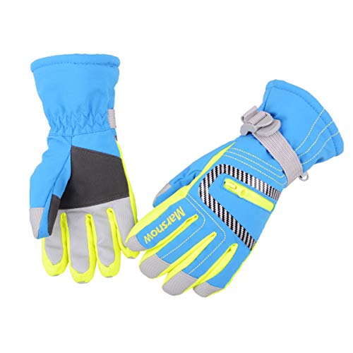 Azarxis Guantes de Snowboard de esquí para niños a Prueba de Agua, Guantes de Nieve cálidos y térmicos de Invierno Bolsillo con Cremallera para niños, niñas (Azul, M (9-14 años))
