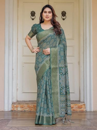 Image of ALMAARI FASHION Floral Printed Cotton Saree for Women with Handloom Zari Weave, Traditional Lightweight Ethnic Saree for Wedding Festive Office Party with Blouse Piece (LINEN 81-90 SH)