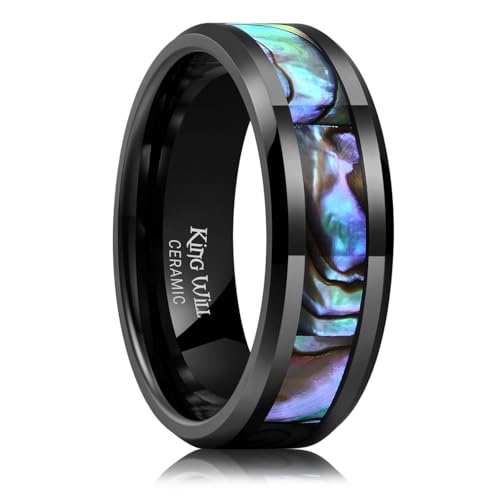 King Will 8mm Ceramic Ring Opal Shell Inlay Wedding Band Beveled Edge Promise Rings Comfort Fit Size 7-14
