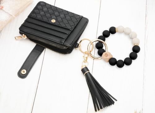 Image of COOLANS Silicone Bracelet Wristlet Wallet Credit Card Holder RFID ID Window Key Ring Tassel Slim Wallet Women Keychain Purse