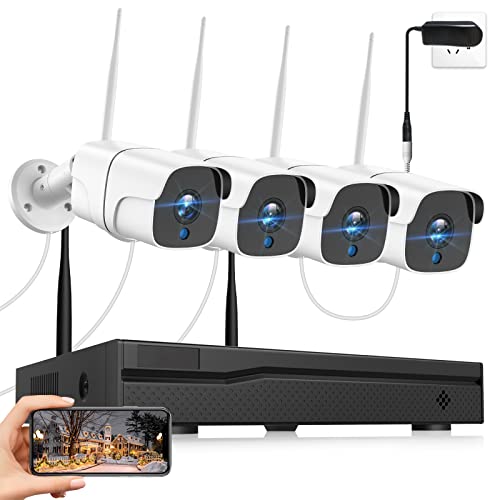 [24/7 Recording] 1080P Wireless Home Security Camera System, 4 x 2MP Outdoor Bullet Cameras + 8CH NVR, CCTV Camera Set for Smart Motion Detection, Plug & Play, Remote Control, IP66 Waterproof