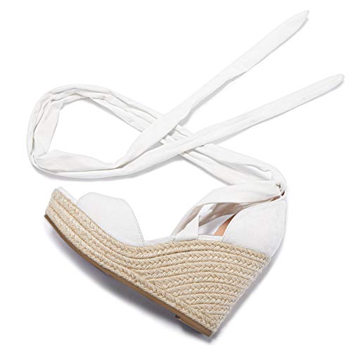SERAIH Damen Schnür-Espadrilles, Plateau, Keilabsatz, Sandalen, Absätze, Knöchelriemen, Sommerkleid, Schuhe, Weiss/opulenter Garten, 39 EU