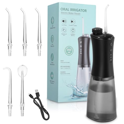 Irrigador Bucal Portatil Profesional,Hilo Dental Recargable,12 Engranajes,Chorro de Agua Para Aparatos Dentales con Tanque de Agua de 350 ml y 5 Puntas de Chorro Para Viajes y Uso Doméstico