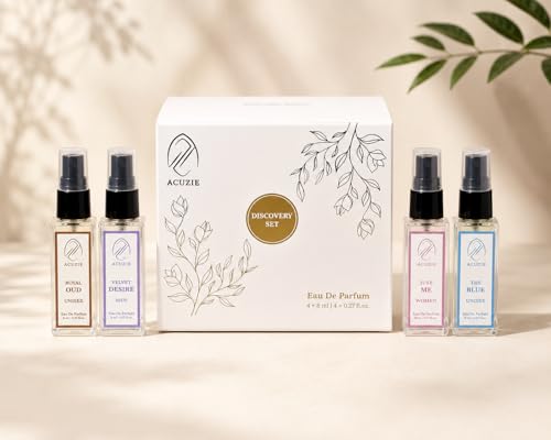 Image of Perfume Discovery Set for Men & Women (4 x 8ml) | Mini Perfume Trial Pack with Royal Oud, The Blue, Velvet Desire & Just Me EDP | Long Lasting Fragrance Gift Set & Travel Kit for Unisex