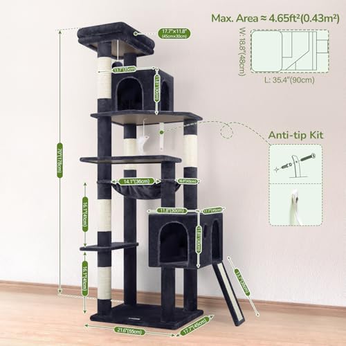 Image of Globlazer Heavy Duty Cat Tree, 70 inch Sturdy Cat Tree for Indoor Cats Extra Large Cat Tower with Scratching Post, Hammock, Cat Condo for Adult Cats Kittens, F70 Pro, Dark Grey