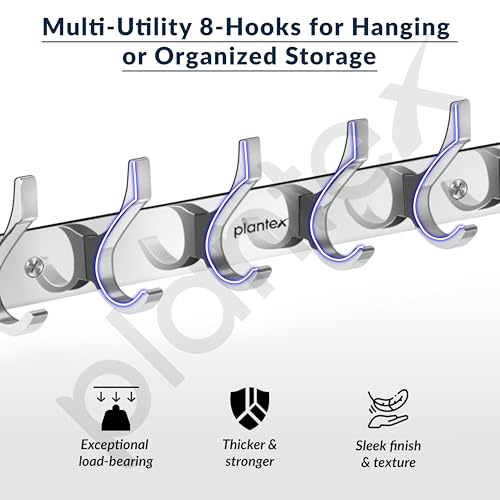 Plantex Aluminium Cloth Hanger Wall Mounted with 8 Hooks for Bathroom/Kitchen - Cloth Hanger/Towel Hanger/Keys Holder - Pack of 2 (8 Hooks, Chrome)