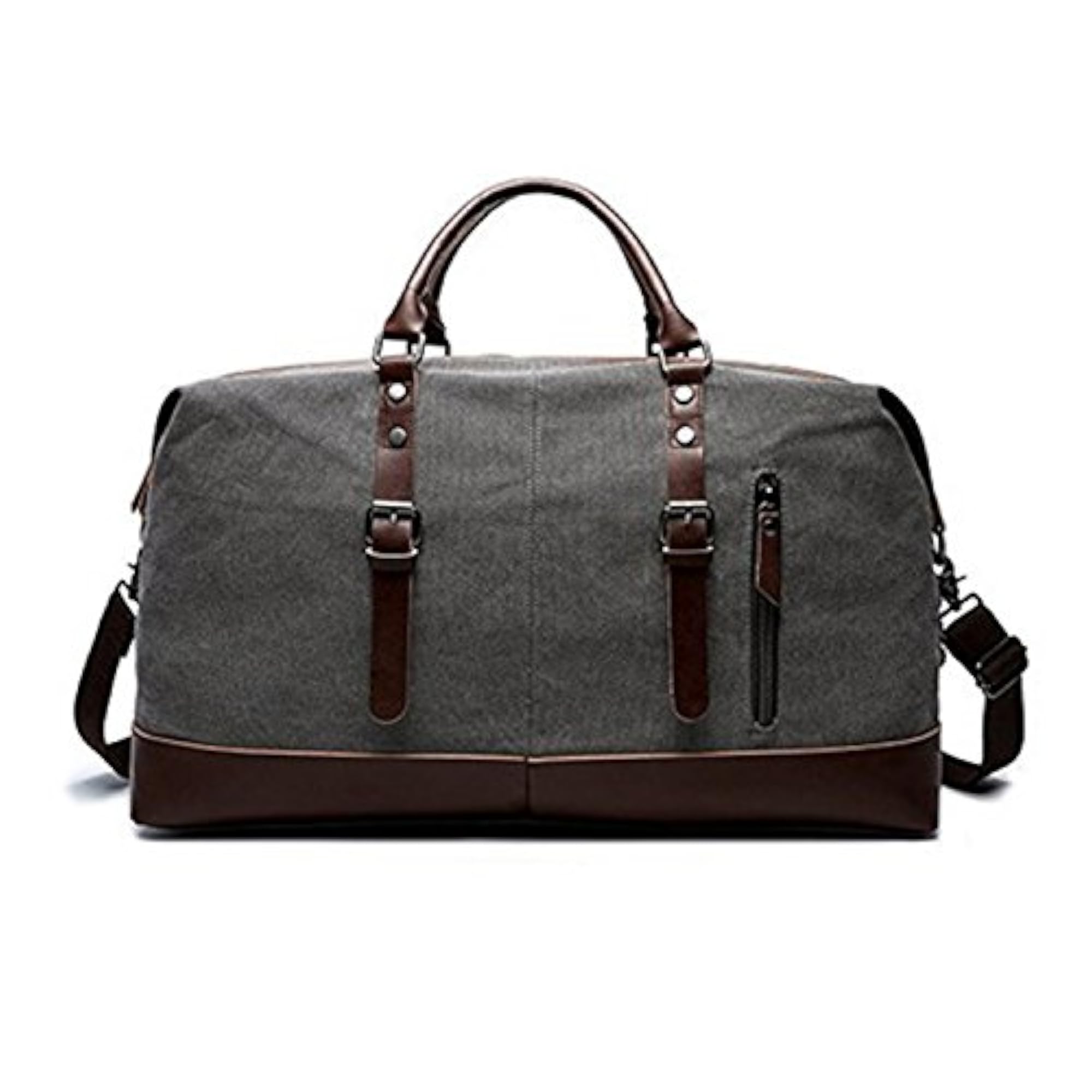 Classic Large Grey Canvas Genuine Leather Trim Travel Tote