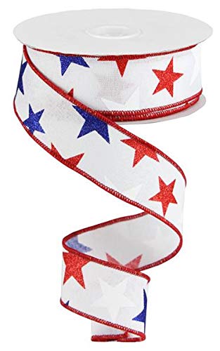 Craig Bachman 1.5 Inch Patriotic Stars Wired Ribbon 10 Yards Red White Navy Blue Polyester Fabric Trim for Fourth of July Wreaths and Memorial Day Crafts