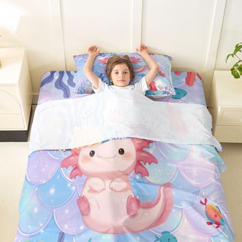 Image of jejeloiu Cute Axolotl Bed Sheets Set Twin Size Kawaii Ocean Sealife Bed Set for Kids Boys Girls Cartoon Salamander Deep Pocket Fitted Sheet Reptile Animal Breathable Soft Lightweight Microfiber