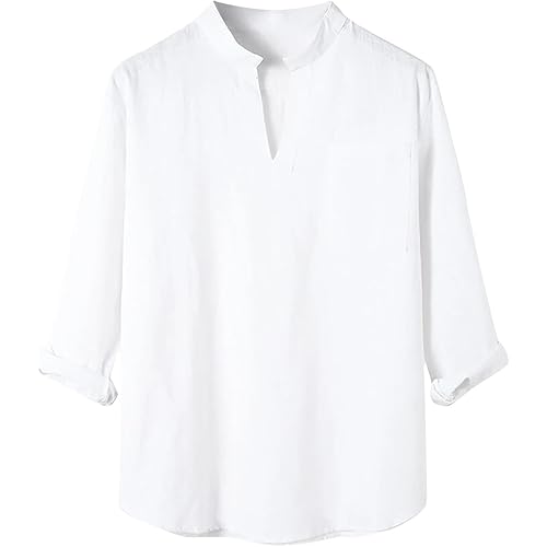 Muscularfit Men's Shirts Summer and Spring V Neck Long Sleeve Cotton Linen Shirt Casual Solid Collar Button Pocket T-Shirt